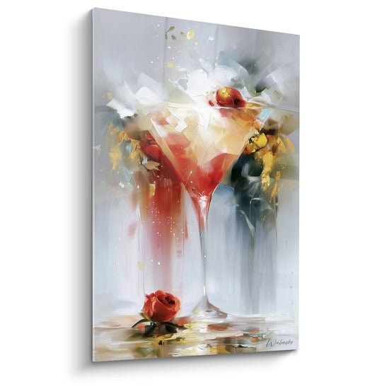 Tableau Verre à martini rouge et doré fleuri - Trinquer à la soirée - Edition Cocktail