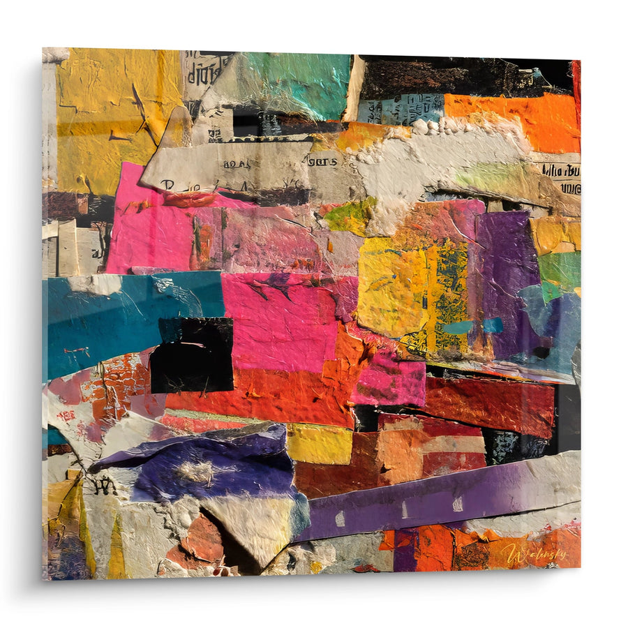 Tableau collage abstrait multicolore - Fragments urbains - édition collage