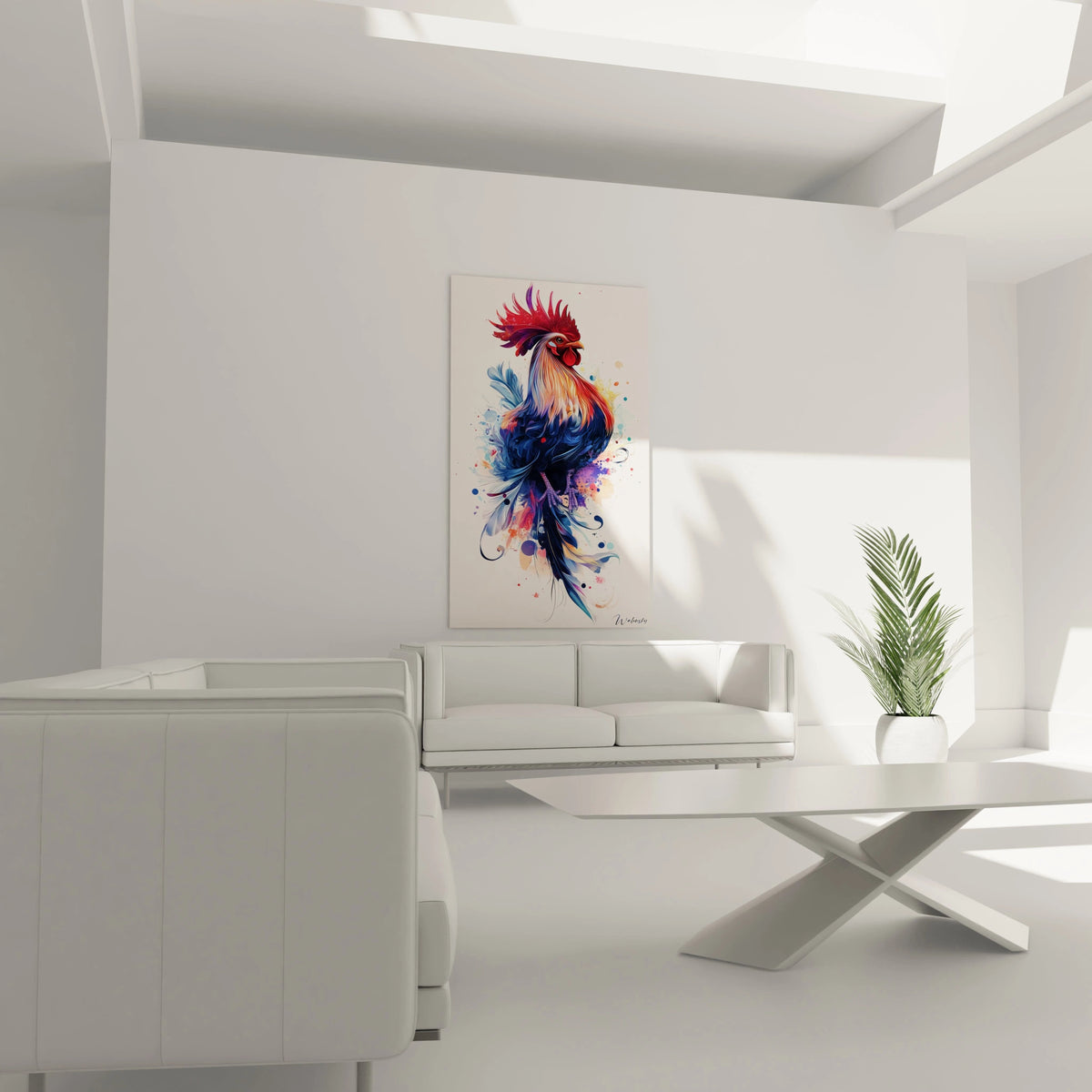 Un tableau coq artistique représentant un coq de profil avec un plumage aux textures riches. Les couleurs dominantes sont le bleu marine, le rouge vif et l'orange doré, accompagnées d'éclaboussures colorées créant une impression de mouvement.
