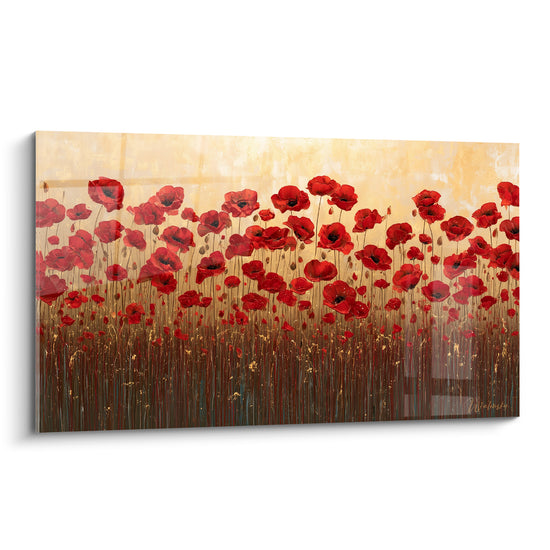 Coquelicots rouges en champ dense sur fond ocre et doré, peinture texturée aux tiges brunes