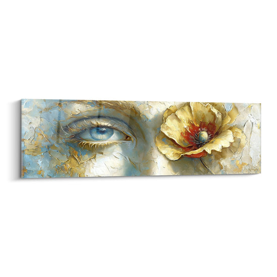 Tableau coquelicot jaune dore et oeil bleu azur peinture texturee relief empâtement art contemporain floral regard