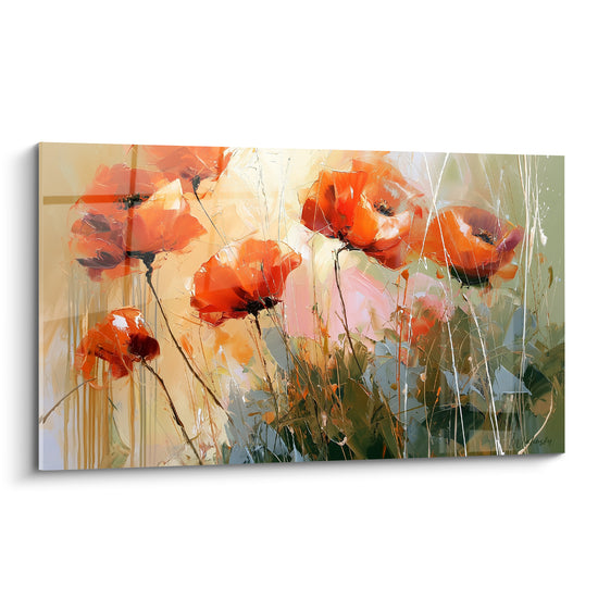 Coquelicots orange aux pétales empâtés se détachant sur un fond beige et rose lumineux