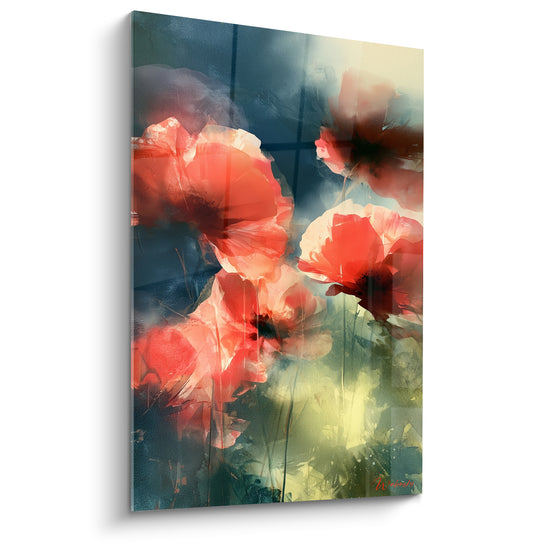 Coquelicots rouges déployés sur fond bleu marine, pétales aux tons roses et cœurs sombres