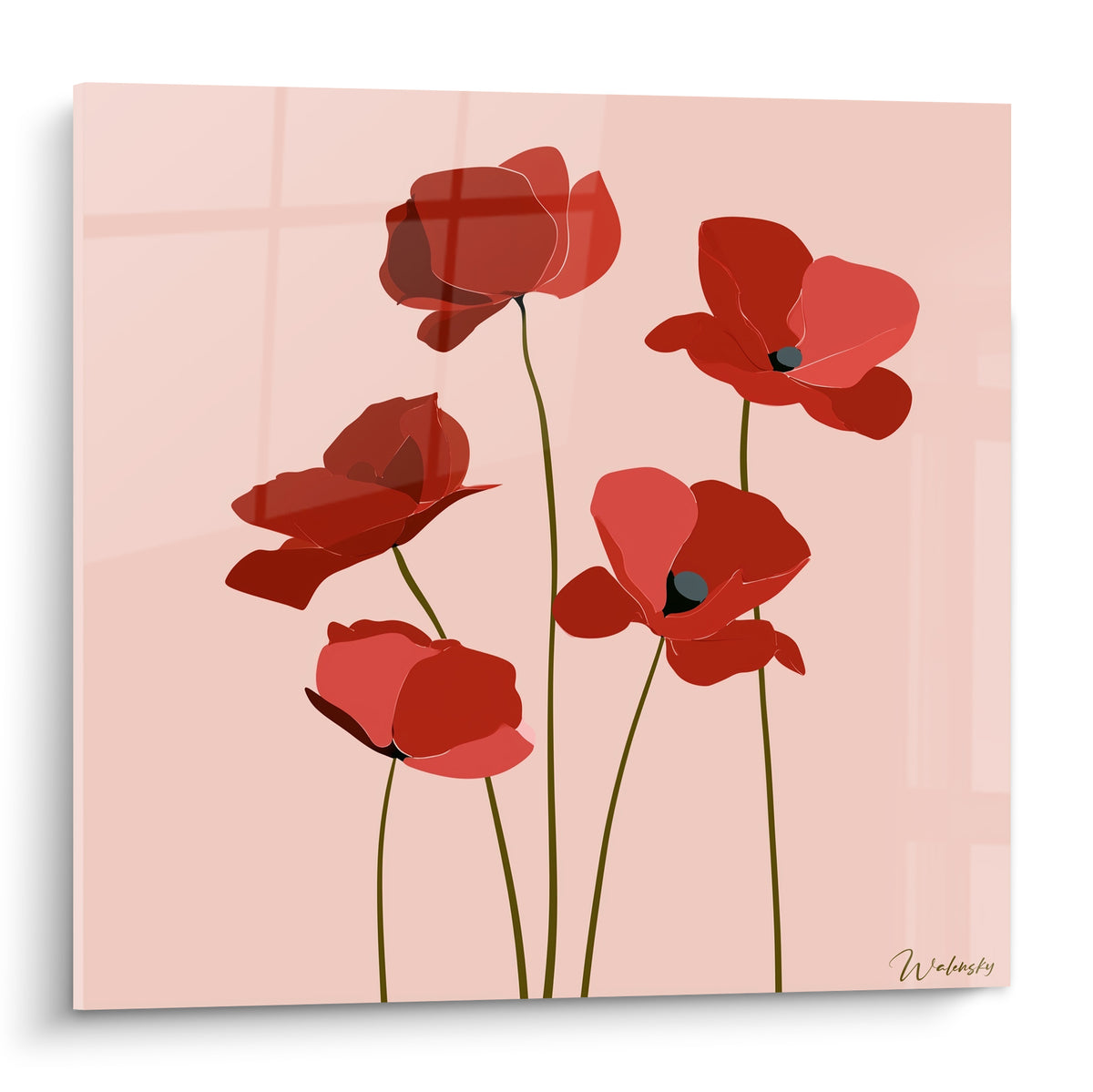 Cinq coquelicots rouges et corail aux formes géométriques se dressent sur un fond rose pâle uni