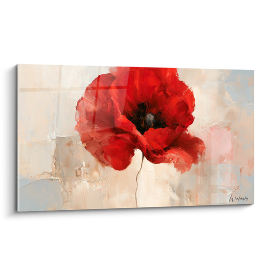 Coquelicot rouge aux pétales texturés se déploie sur un fond beige et gris craquelé