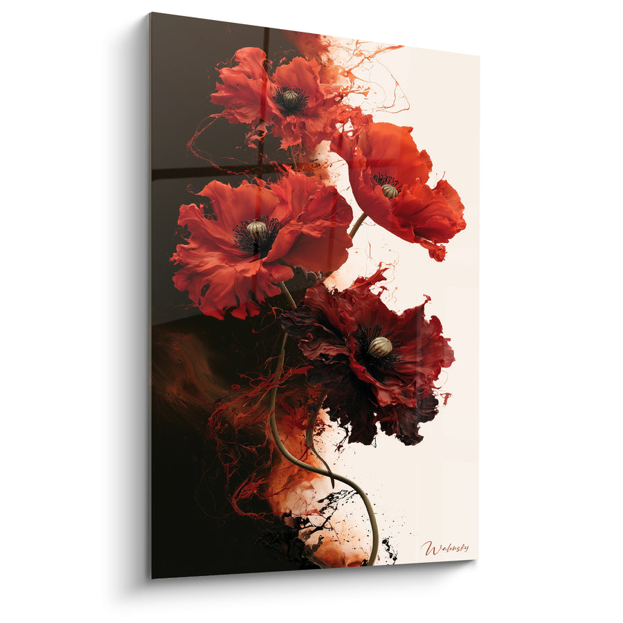 Tableau Coquelicots rouges et noirs aux volutes fumées - Fond mi-parti clair sombre - Edition Coquelicot