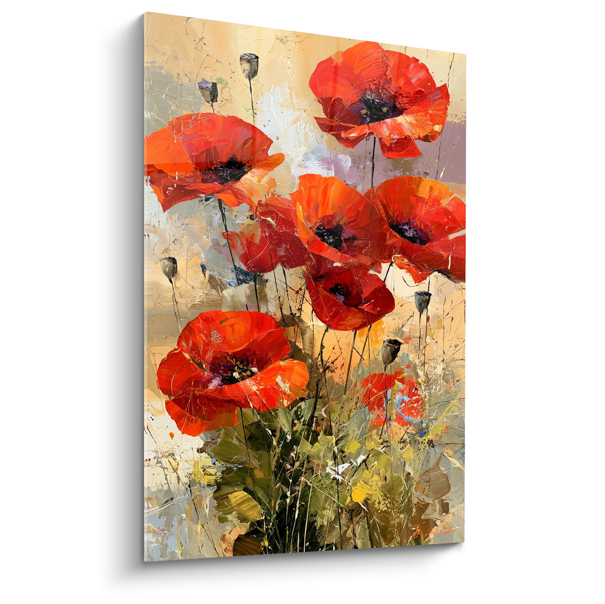 Coquelicots rouges et orangés déployés sur fond ocre et beige, texture peinte à la spatule.