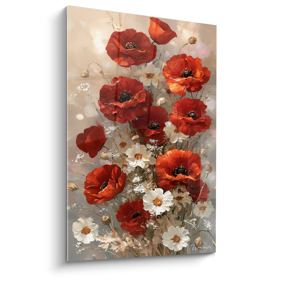 Tableau Coquelicots rouges et marguerites blanches en bouquet vertical - Boutons dorés effilés - Edition Coquelicot