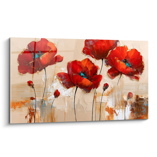Coquelicots rouge vif aux cœurs turquoise peints en relief sur fond beige texturé façon bois.