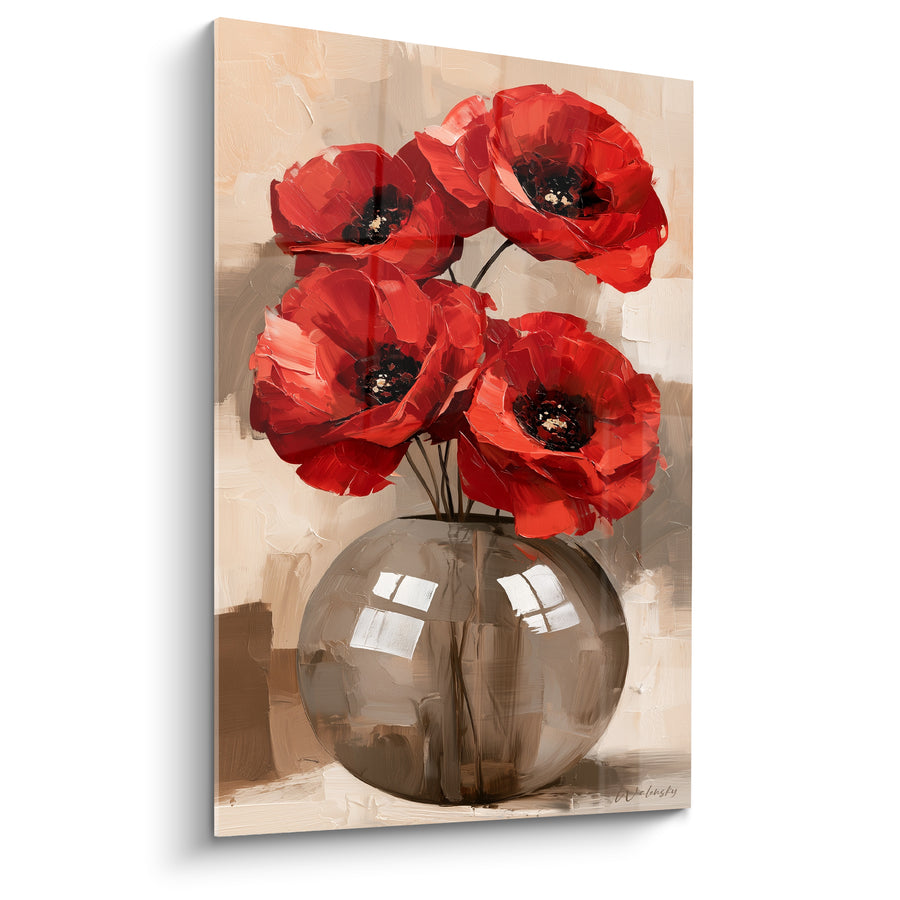 Tableau Vase rond rouge et brun taupe reflets vitrés - Reflets de fenêtre - Edition Coquelicot