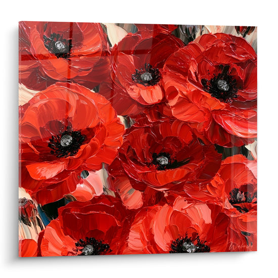Coquelicots rouge vermillon et corail aux cœurs noirs peints en épaisses touches de couteau