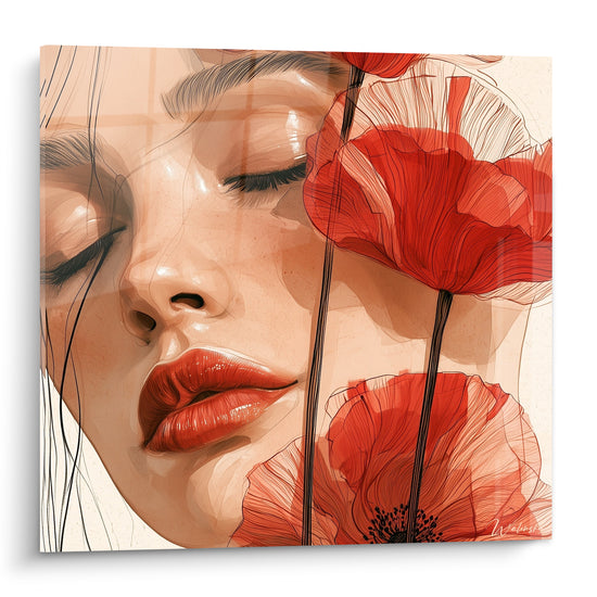 Visage aux yeux clos entouré de coquelicots rouge vif sur fond beige, style aquarelle et encre.
