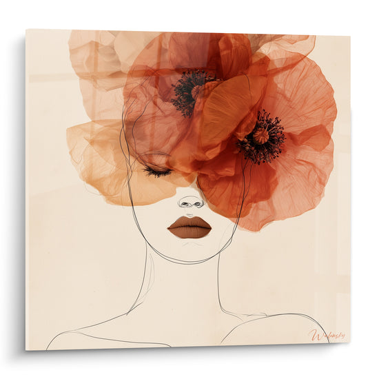 Visage esquissé aux coquelicots terracotta et ocre sur fond beige clair, style graphique délicat