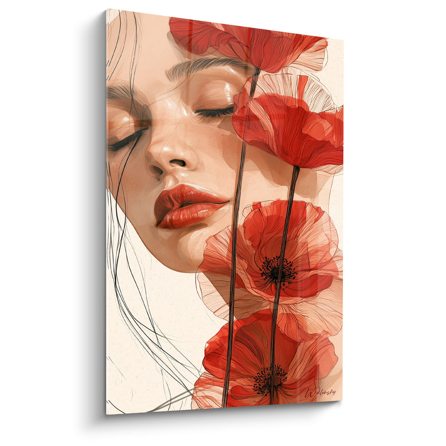 Tableau Visage féminin rouge et beige aux yeux clos - Cheveux fins entrelacés - Edition Coquelicot