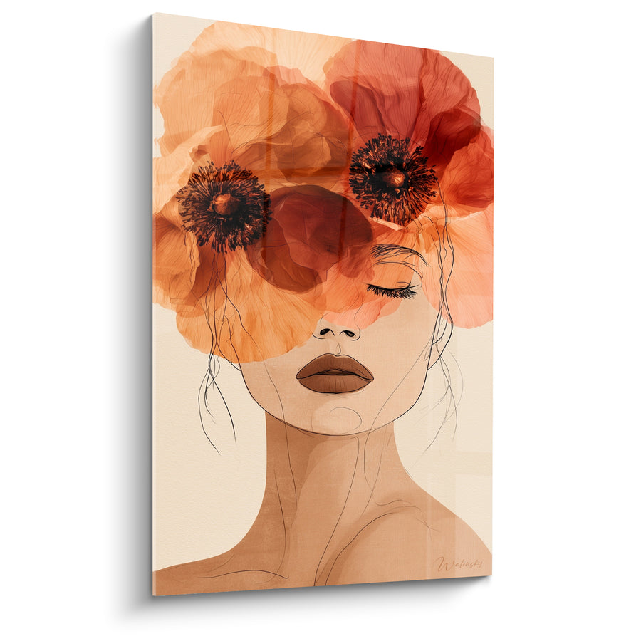 Tableau Visage féminin aux coquelicots orange et bruns - Cils dessinés au trait - Edition Coquelicot