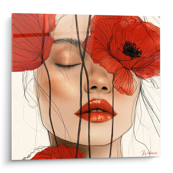 Coquelicot rouge et visage beige aux yeux clos, style graphique aux traits fins entrelacés