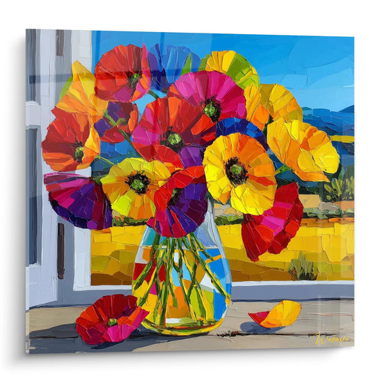 Tableau bouquet coquelicots multicolores vase transparent style contemporain couleurs vives rouge orange jaune