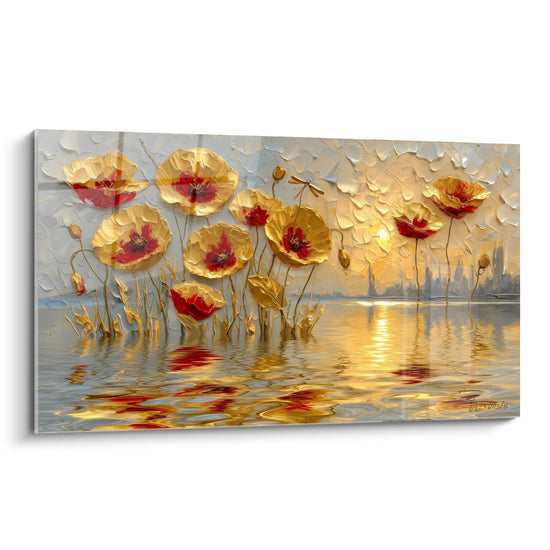 Tableau coquelicots dorés en relief avec reflets aquatiques sur fond de paysage lacustre lumineux