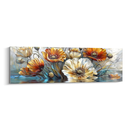 Tableau moderne coquelicots orange et blancs avec reflets aquatiques bleus, style artistique contemporain