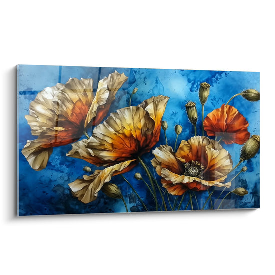 tableau coquelicots orange sur fond bleu ocean peinture florale moderne decoration murale