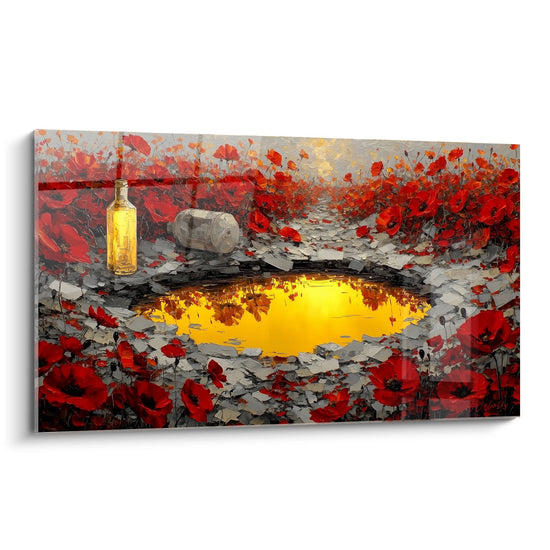 tableau peinture paysage coquelicots rouges bassin dore bouteille ambre sentier gris