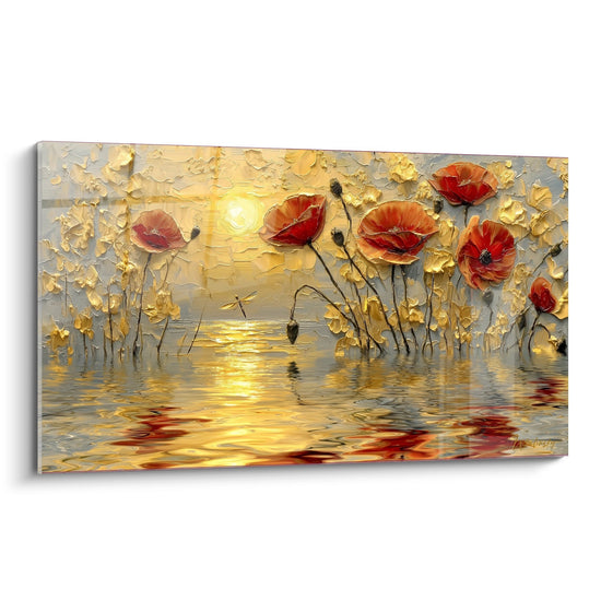 Tableau coquelicots rouge orange relief empate coucher soleil reflets dores eau technique moderne floral