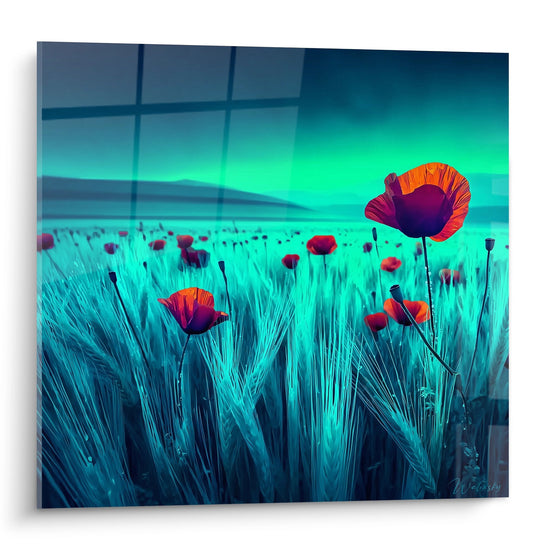 Tableau décoratif champ coquelicots rouge orange prairie turquoise art contemporain nature surréaliste