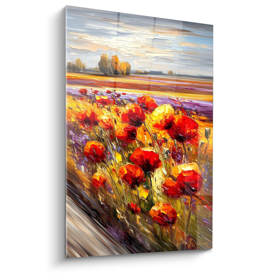 Tableau peinture champ coquelicots rouges jaunes mouvement vent style impressionniste couleurs vives