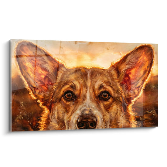 Portrait artistique de Corgi Pembroke aux tons dorés et cuivrés dans une lumière de coucher de soleil