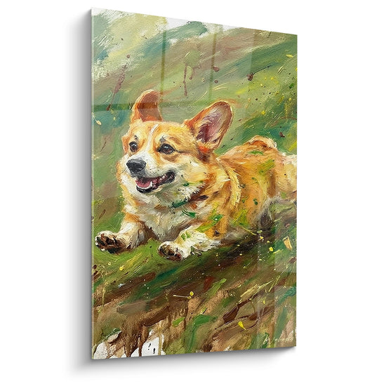 Tableau peinture Corgi Pembroke roux allongé dans l'herbe verte technique expressionniste couleurs chaudes
