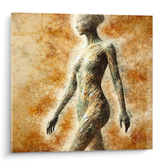 Silhouette fibreuse ocre et brune en marche, texture granuleuse sur fond terracotta et anthracite