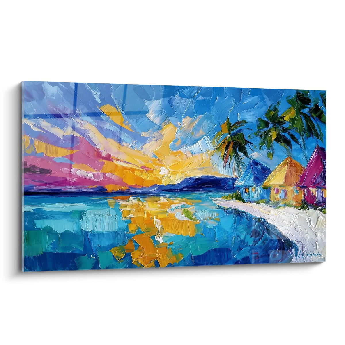 Tableau mural coucher de soleil tropical avec palmiers et reflets dorés sur eau turquoise, style impressionniste