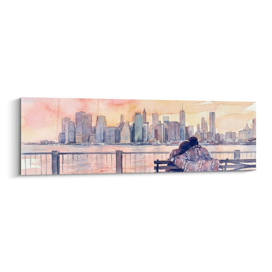 Tableau Couple contemplant les gratte-ciels au coucher de soleil - Intimité urbaine - Edition Brooklyn