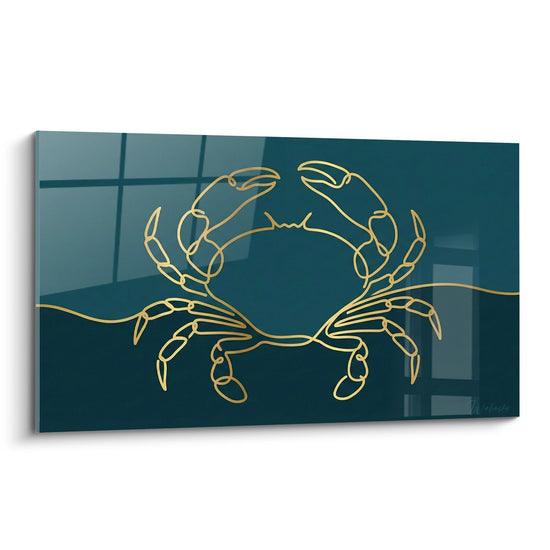 Tableau mural crabe doré tracé en lignes continues sur fond bleu océan dégradé style art moderne minimaliste
