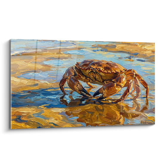 Tableau peinture crabe dore sur rivage reflets bleus ors technique empâtement expressif decoration marine
