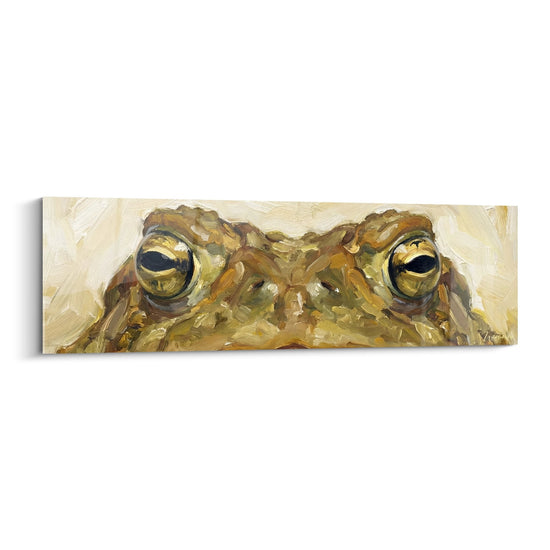 Tableau peinture crapaud yeux dores regard emergeant tons bruns ocre art mural contemporain