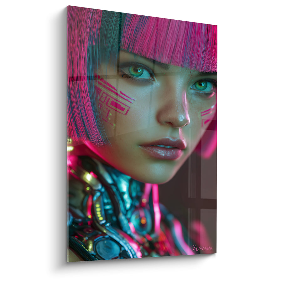 Tableau Androïde aux cheveux roses et yeux verts - Regard mécanique - Edition Cyberpunk