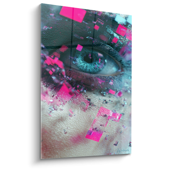 Œil Cyberpunk turquoise fragmenté en pixels rose fuchsia sur peau texturée anthracite