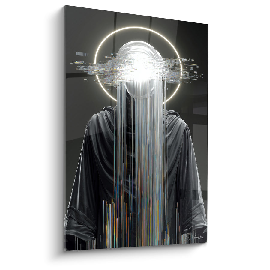 Tableau Silhouette encapuchonnée noire aux filaments blancs ruisselants - Cascade de pixels colorés - Edition Cyberpunk