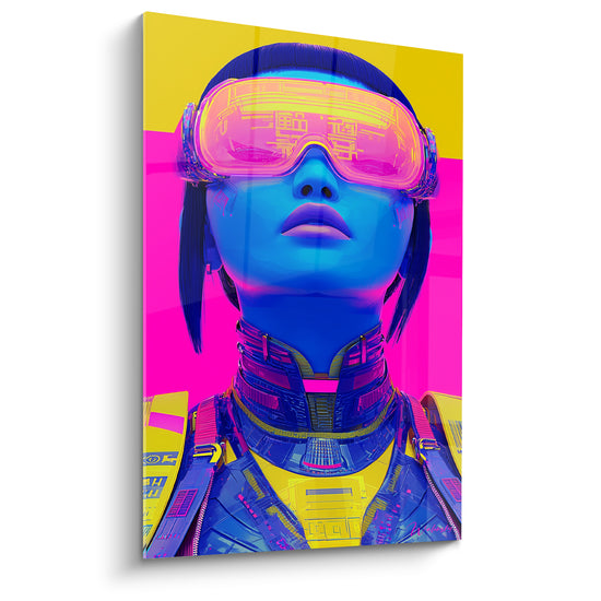Tableau Femme casque jaune et rose futuriste - Vision augmentée - Edition Cyberpunk