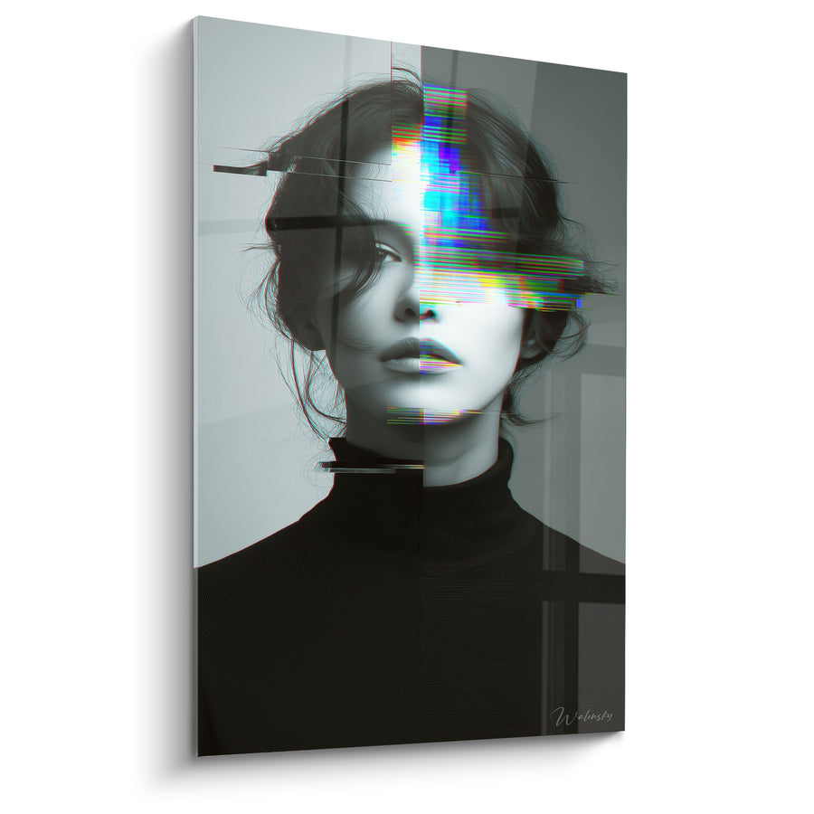 Tableau Visage gris et noir aux bandes multicolores glitchées - Col roulé noir - Edition Cyberpunk