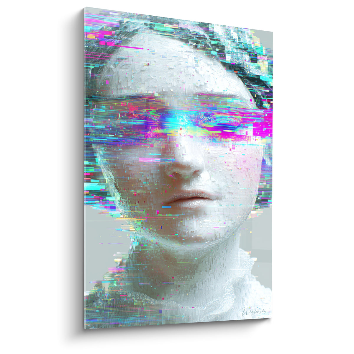 Visage sculptural blanc fissuré de magenta et turquoise, tableau Cyberpunk aux effets numériques glitch