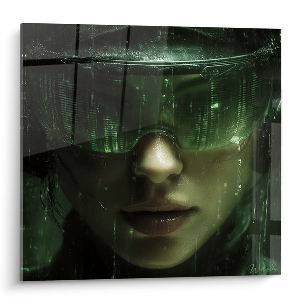 Tableau Visage vert et noir aux données numériques - Connexion totale - Edition Cyberpunk