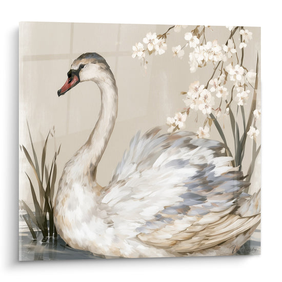 Cygne blanc et beige au long cou incurvé, plumage gris bleuté, près de fleurs blanches
