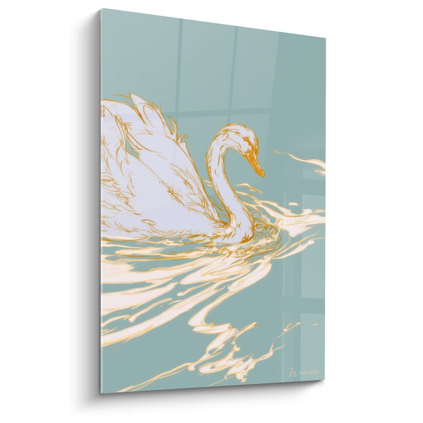 Tableau Cygne blanc et doré sur fond vert céladon - Sillage doré filiforme - Edition Cygne