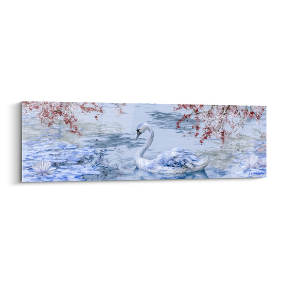 Cygne blanc glissant sur une eau bleu pastel sous des branches de cerisier rose
