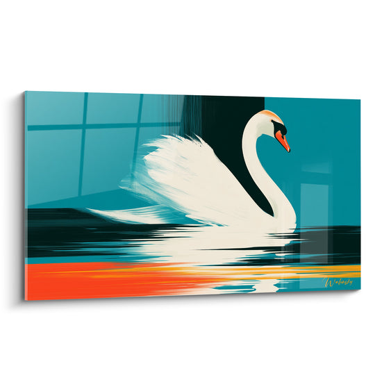 Cygne blanc au bec orangé glissant sur une eau sombre, fond bleu sarcelle graphique