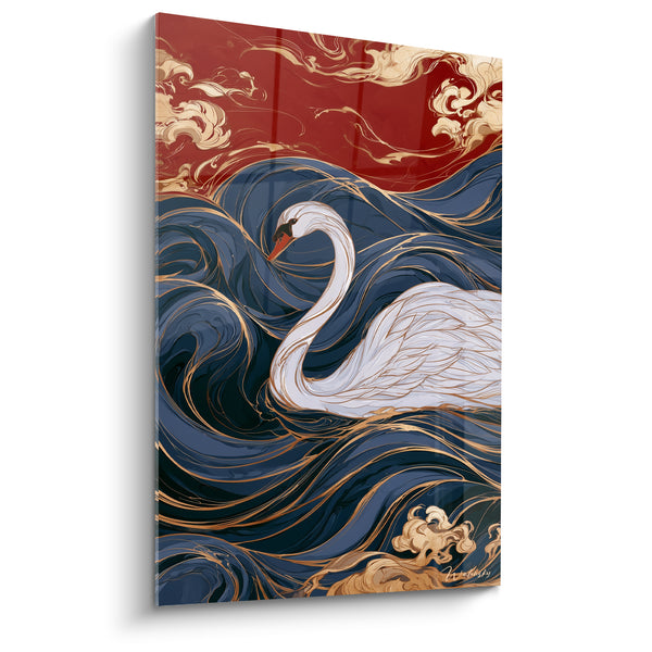 Tableau Cygne blanc sur vagues bleu marine et rouge - Sérénité dans la tempête - Edition Cygne