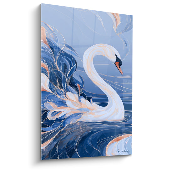 Cygne blanc au cou courbé, plumes bleu marine et cuivre en volutes fluides sur fond aquatique.