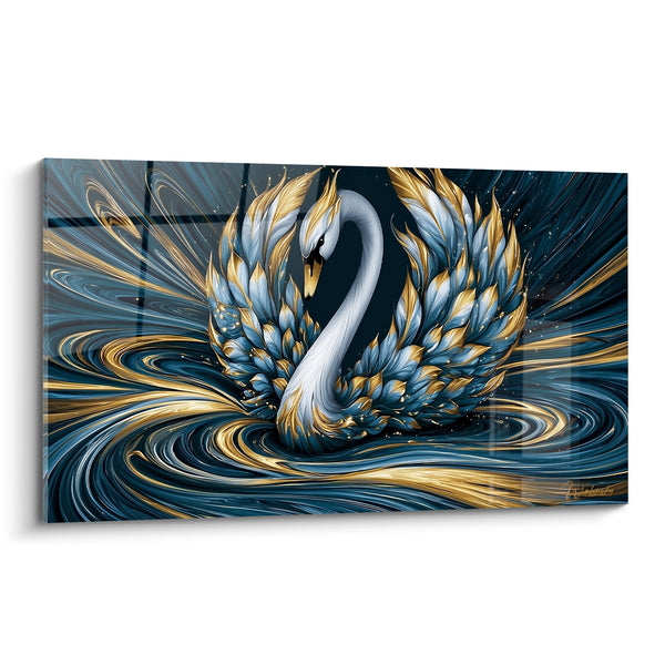 Tableau Cygne aux ailes bleu marine et dorées - Tourbillon majestueux - Edition Cygne